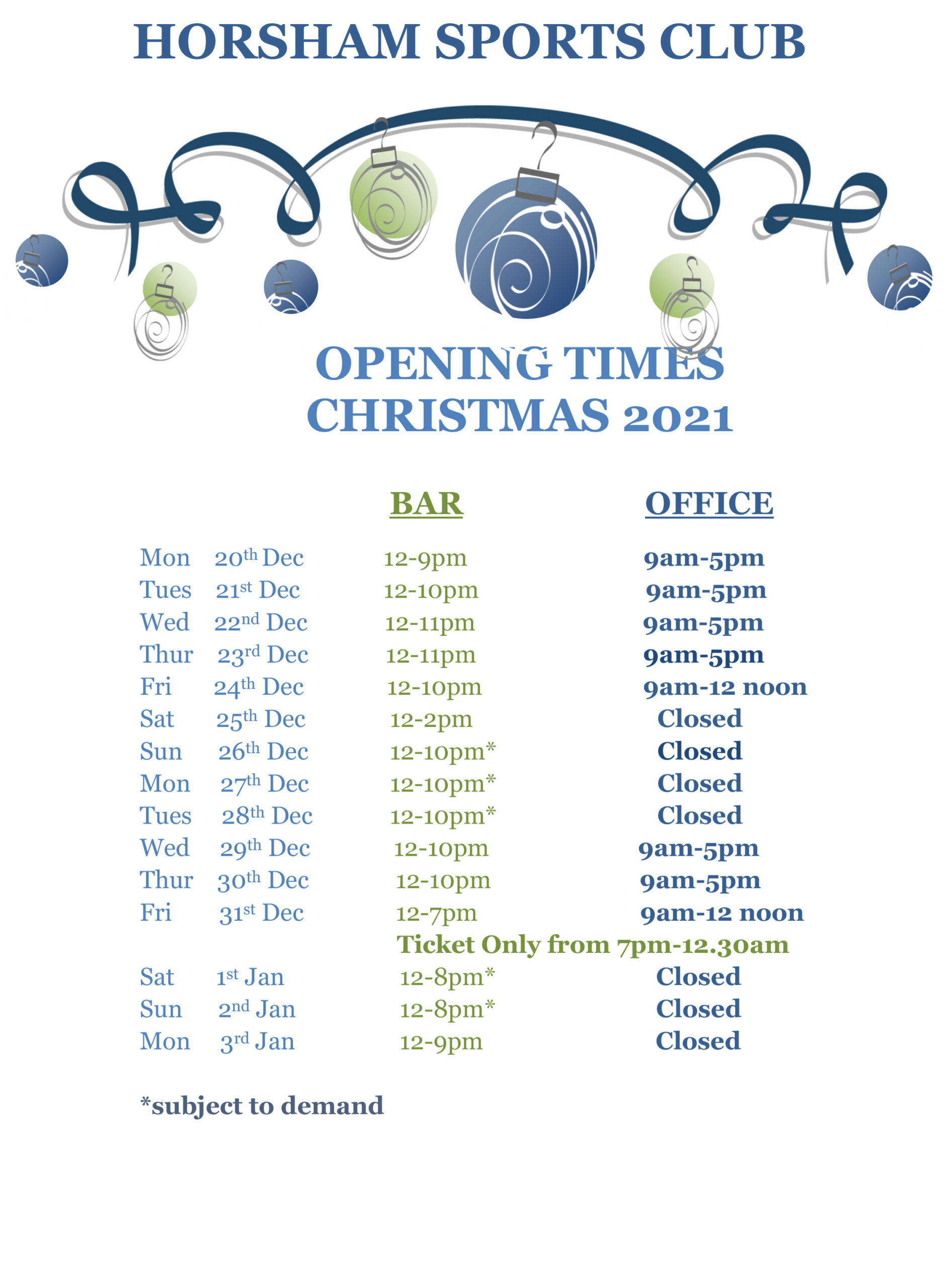Club Opening Hours Christmas and New Year 2021 Horsham Sports Club